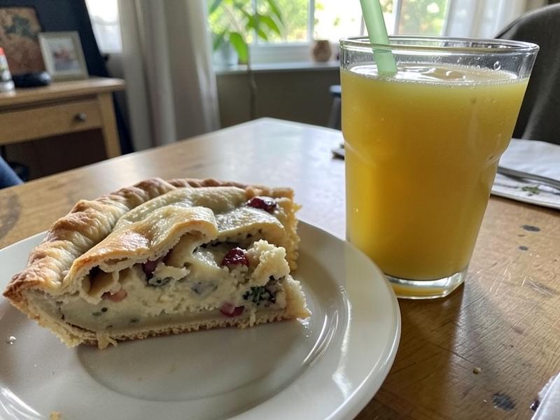 Fatia de torta salgada com um copo de suco